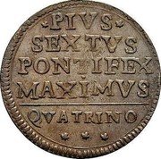 Italy Quattrino Pius VI 1795 KM# 320 PIVS SEXTVS PONTIFEX MAXIMVS QVATRINO coin reverse Italy Quattrino Pius VI 1795 KM# 320 PIVS SEXTVS PONTIFEX MAXIMVS QVATRINO coin reverse