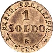 Italy Soldo Pio IX 1867 R XXI; Small date KM# 1372.2 STATO PONTIFICIO 1 SOLDO R 5 CENT coin reverse