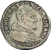 Italy Testone Innocent X 1654 KM# 75 INNOCENT X PONT MAX ANNO 1654 coin obverse Italy Testone Innocent X 1654 KM# 75 INNOCENT X PONT MAX ANNO 1654 coin obverse