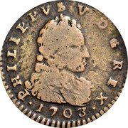 Italy Tornese Philip V 1703 AGA KM# 128 PHILIPPVS V D G REX 1703 coin obverse Italy Tornese Philip V 1703 AGA KM# 128 PHILIPPVS V D G REX 1703 coin obverse