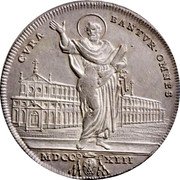 Italy 1/2 Piastra Benedict XIV 1742 MDCCXLII-III KM# 946 CVRA BANTVR OMNES MDCC XIII coin reverse Italy 1/2 Piastra Benedict XIV 1742 MDCCXLII-III KM# 946 CVRA BANTVR OMNES MDCC XIII coin reverse