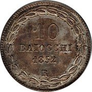 Italy 10 Baiocchi Pio IX 1852 R VII KM# 1342a 10 BAIOCCHI 1852 R coin reverse Italy 10 Baiocchi Pio IX 1852 R VII KM# 1342a 10 BAIOCCHI 1852 R coin reverse