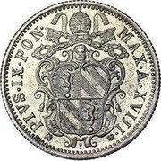 Italy 10 Baiocchi Pio IX 1863 R XVIII KM# 1342b PIVS IX PON MAX A VIII coin obverse Italy 10 Baiocchi Pio IX 1863 R XVIII KM# 1342b PIVS IX PON MAX A VIII coin obverse