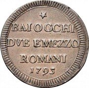 Italy 2-1/2 Baiocchi Pius VI 1795 KM# 1237 BAIOCCHI DVE E MEZZO ROMANI 1795 coin obverse Italy 2-1/2 Baiocchi Pius VI 1795 KM# 1237 BAIOCCHI DVE E MEZZO ROMANI 1795 coin obverse