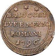 Italy 2-1/2 Baiocchi Pius VI 1796 KM# 1240 BAIOCCHI DVE E MEZZO ROMANI 1797 coin obverse Italy 2-1/2 Baiocchi Pius VI 1796 KM# 1240 BAIOCCHI DVE E MEZZO ROMANI 1797 coin obverse