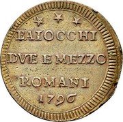 Italy 2-1/2 Baiocchi Pius VI 1796 KM# 1239 BAIOCCHI DVE E MEZZO ROMANI 1796 coin obverse Italy 2-1/2 Baiocchi Pius VI 1796 KM# 1239 BAIOCCHI DVE E MEZZO ROMANI 1796 coin obverse