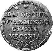 Italy 2-1/2 Baiocchi Pius VI 1797 KM# 1244 BAIOCCHI DVE E MEZZO CIVITA VECCHIA 1796 coin obverse Italy 2-1/2 Baiocchi Pius VI 1797 KM# 1244 BAIOCCHI DVE E MEZZO CIVITA VECCHIA 1796 coin obverse