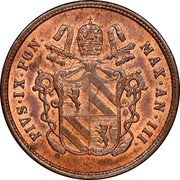 Italy 2 Baiocchi (Muraiola) Pius IX 1848 R III KM# 1343 PIVS IX PON MAX AN IV N C coin obverse Italy 2 Baiocchi (Muraiola) Pius IX 1848 R III KM# 1343 PIVS IX PON MAX AN IV N C coin obverse