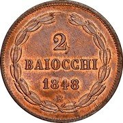 Italy 2 Baiocchi (Muraiola) Pius IX 1848 R III KM# 1343 2 BAIOCCHI 1848 R coin reverse Italy 2 Baiocchi (Muraiola) Pius IX 1848 R III KM# 1343 2 BAIOCCHI 1848 R coin reverse