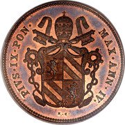 Italy 2 Baiocchi (Muraiola) Pius IX 1850 R IV KM# 1344 PIVS IX PON MAX ANN IV N C coin obverse Italy 2 Baiocchi (Muraiola) Pius IX 1850 R IV KM# 1344 PIVS IX PON MAX ANN IV N C coin obverse