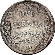 Italy 2 Carlini Benedict XIV 1747 VIII KM# 1164.1 DVE CARLINI ROMANI 1747 coin reverse Italy 2 Carlini Benedict XIV 1747 VIII KM# 1164.1 DVE CARLINI ROMANI 1747 coin reverse