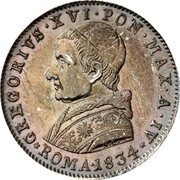 Italy 20 Baiocchi Gregory XVI 1834 R IV KM# 1317 GREGORIVS.XVI.PON.MAX.A.IV ROMA.1834 coin obverse Italy 20 Baiocchi Gregory XVI 1834 R IV KM# 1317 GREGORIVS.XVI.PON.MAX.A.IV ROMA.1834 coin obverse