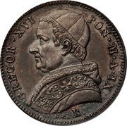 Italy 20 Baiocchi Gregorio XVI 1839 R IX KM# 1322 GREGOR XVI PON M A IX N C R coin obverse Italy 20 Baiocchi Gregorio XVI 1839 R IX KM# 1322 GREGOR XVI PON M A IX N C R coin obverse
