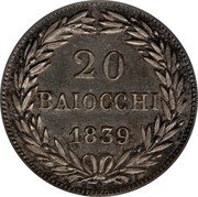 Italy 20 Baiocchi Gregorio XVI 1839 R IX KM# 1322 20 BAIOCCHI 1839 coin reverse Italy 20 Baiocchi Gregorio XVI 1839 R IX KM# 1322 20 BAIOCCHI 1839 coin reverse