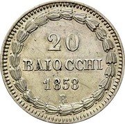 Italy 20 Baiocchi Pius IX 1858 B XIIB KM# 1337a 20 BAIOCCHI 1858 R coin reverse Italy 20 Baiocchi Pius IX 1858 B XIIB KM# 1337a 20 BAIOCCHI 1858 R coin reverse