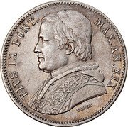 Italy 20 Baiocchi Pio IX 1865 R XIX KM# 1360 PIVS IX PONT. MAX.A.XIX coin obverse Italy 20 Baiocchi Pio IX 1865 R XIX KM# 1360 PIVS IX PONT. MAX.A.XIX coin obverse