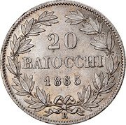 Italy 20 Baiocchi Pio IX 1865 R XIX KM# 1360 20 BAIOCCHI 1865 R coin reverse Italy 20 Baiocchi Pio IX 1865 R XIX KM# 1360 20 BAIOCCHI 1865 R coin reverse