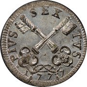 Italy 4 Baiocchi Pius VI 1777 KM# 1211 PIVS SEX TVS 1 77 7 coin obverse Italy 4 Baiocchi Pius VI 1777 KM# 1211 PIVS SEX TVS 1 77 7 coin obverse