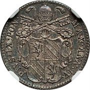 Italy 5 Baiocchi Pio IX 1849 R IV KM# 1341a PIVS IX PONT MAX A IV coin obverse Italy 5 Baiocchi Pio IX 1849 R IV KM# 1341a PIVS IX PONT MAX A IV coin obverse