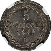 Italy 5 Baiocchi Pio IX 1849 R IV KM# 1341a 5 BAIOCCHI 1849 R coin reverse Italy 5 Baiocchi Pio IX 1849 R IV KM# 1341a 5 BAIOCCHI 1849 R coin reverse