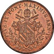 Italy 5 Baiocchi Pio IX Smaller shield above laurel branches 1850 B IV KM# 1346 PIVS IX PONT MAXIMVS ANN IV N C coin obverse Italy 5 Baiocchi Pio IX Smaller shield above laurel branches 1850 B IV KM# 1346 PIVS IX PONT MAXIMVS ANN IV N C coin obverse