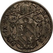 Italy 5 Baiocchi Pio IX 1865 R XX KM# 1341c PIVS IX PON MAX A XX coin obverse Italy 5 Baiocchi Pio IX 1865 R XX KM# 1341c PIVS IX PON MAX A XX coin obverse