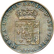 Italy 5 Centesimi Maria Luigia 1830 C# 25 MARIA LUIGIA ARCID D' AUSTRIA 1830 coin obverse Italy 5 Centesimi Maria Luigia 1830 C# 25 MARIA LUIGIA ARCID D' AUSTRIA 1830 coin obverse