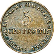 Italy 5 Centesimi Maria Luigia 1830 C# 25 DUCHESSA DI PARMA PIACENZA E GUASTALLA 5 CENTESIMI coin reverse Italy 5 Centesimi Maria Luigia 1830 C# 25 DUCHESSA DI PARMA PIACENZA E GUASTALLA 5 CENTESIMI coin reverse