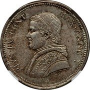 Italy 50 Baiocchi Pio IX 1850 R V KM# 1357 PIVS IX PONT MAX ANNO V N.C. coin obverse Italy 50 Baiocchi Pio IX 1850 R V KM# 1357 PIVS IX PONT MAX ANNO V N.C. coin obverse