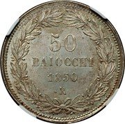 Italy 50 Baiocchi Pio IX 1850 R V KM# 1357 50 BAIOCCHI 1850 R coin reverse Italy 50 Baiocchi Pio IX 1850 R V KM# 1357 50 BAIOCCHI 1850 R coin reverse
