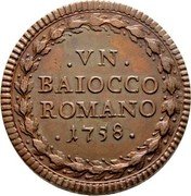 Italy Baiocco Clement XIII 1758 I KM# 1184 VN BAIOCCO ROMANO 1759 coin reverse Italy Baiocco Clement XIII 1758 I KM# 1184 VN BAIOCCO ROMANO 1759 coin reverse
