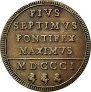 Italy Baiocco Pius VII (1801) R MDCCCI KM# 1263 PIVS SEPTIMVS PONTIFEX MAXIMVS MDCCCI coin reverse Italy Baiocco Pius VII (1801) R MDCCCI KM# 1263 PIVS SEPTIMVS PONTIFEX MAXIMVS MDCCCI coin reverse