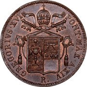 Italy Baiocco Gregorio XVI 1844 B XIV KM# 1320 GREGORIVS XVI PONT MAX A XIV R coin obverse Italy Baiocco Gregorio XVI 1844 B XIV KM# 1320 GREGORIVS XVI PONT MAX A XIV R coin obverse