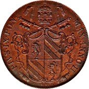 Italy Baiocco Pio IX 1847 R II KM# 1339.1 PIVS IX PON MAX ANNO II coin obverse Italy Baiocco Pio IX 1847 R II KM# 1339.1 PIVS IX PON MAX ANNO II coin obverse