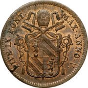 Italy Baiocco Pio IX 1850 R V KM# 1345 PIVS IX PONT MAX ANNO V coin obverse Italy Baiocco Pio IX 1850 R V KM# 1345 PIVS IX PONT MAX ANNO V coin obverse
