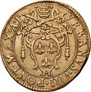 Italy Doppia Scudo D'oro Urban VIII 1624 I KM# 127 VRBANVS VIII PONT MAX A I coin obverse Italy Doppia Scudo D'oro Urban VIII 1624 I KM# 127 VRBANVS VIII PONT MAX A I coin obverse
