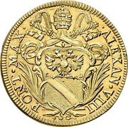 Italy Doppia Scudo D'oro Alexander VIII 1690 MDCXC KM# 530 ALEXAN VIII PONT MAX coin obverse Italy Doppia Scudo D'oro Alexander VIII 1690 MDCXC KM# 530 ALEXAN VIII PONT MAX coin obverse