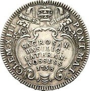 Italy Doppio Giulio (1/5 Scudo) Clement XIII 1758 1758-I KM# 980 CLEM XIII PONT M A I SACROSAN BASILIC LATERAN POSSESS 1758 coin obverse Italy Doppio Giulio (1/5 Scudo) Clement XIII 1758 1758-I KM# 980 CLEM XIII PONT M A I SACROSAN BASILIC LATERAN POSSESS 1758 coin obverse
