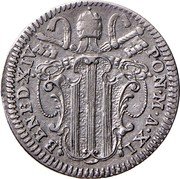 Italy Grosso Benedict XIV 1750 XI KM# 968 BENED XIV PON M A XI coin obverse Italy Grosso Benedict XIV 1750 XI KM# 968 BENED XIV PON M A XI coin obverse