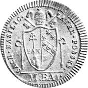 Italy Mezzo Baiocco Pius VII (1801) R MDCCCI KM# 1261 SACR BASILIC LATER POSSESS M BAI coin obverse Italy Mezzo Baiocco Pius VII (1801) R MDCCCI KM# 1261 SACR BASILIC LATER POSSESS M BAI coin obverse