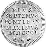 Italy Mezzo Baiocco Pius VII (1801) R MDCCCI KM# 1261 PIVS SEPTIMVS PONTIFEX MAXIMVS MDCCCI coin reverse Italy Mezzo Baiocco Pius VII (1801) R MDCCCI KM# 1261 PIVS SEPTIMVS PONTIFEX MAXIMVS MDCCCI coin reverse
