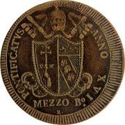 Italy Mezzo Baiocco Pius VII Inscription in wreath 1816 R MDCCCXVI (1816)-XVI KM# 1277 PONTIFICATVS ANNO XVI MEZZO B R coin obverse Italy Mezzo Baiocco Pius VII Inscription in wreath 1816 R MDCCCXVI (1816)-XVI KM# 1277 PONTIFICATVS ANNO XVI MEZZO B R coin obverse