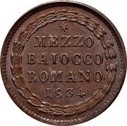 Italy Mezzo Baiocco Gregorio XVI 1834 B IV KM# 1313 MEZZO BAIOCCO ROMANO 1834 coin reverse Italy Mezzo Baiocco Gregorio XVI 1834 B IV KM# 1313 MEZZO BAIOCCO ROMANO 1834 coin reverse