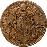 Italy Mezzo Baiocco Pio IX 1849 R IIII KM# 1340 PIVS IX PON MAX AN IIII coin obverse Italy Mezzo Baiocco Pio IX 1849 R IIII KM# 1340 PIVS IX PON MAX AN IIII coin obverse