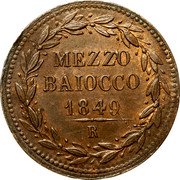 Italy Mezzo Baiocco Pio IX 1849 R IIII KM# 1340 MEZZO BAIOCCO 1849 R coin reverse Italy Mezzo Baiocco Pio IX 1849 R IIII KM# 1340 MEZZO BAIOCCO 1849 R coin reverse