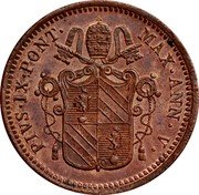 Italy Mezzo Baiocco Pio IX Ornate shield 1851 R V KM# 1355 PIVS IX PONT MAX ANN V coin obverse Italy Mezzo Baiocco Pio IX Ornate shield 1851 R V KM# 1355 PIVS IX PONT MAX ANN V coin obverse