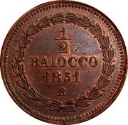 Italy Mezzo Baiocco Pio IX Ornate shield 1851 R V KM# 1355 1 2 BAIOCCO 1851 R coin reverse Italy Mezzo Baiocco Pio IX Ornate shield 1851 R V KM# 1355 1 2 BAIOCCO 1851 R coin reverse
