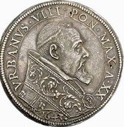 Italy Piastra Urbano VIII 1643 XX KM# 190 VRBANVS VIII PON MAX A XX 1643 coin obverse Italy Piastra Urbano VIII 1643 XX KM# 190 VRBANVS VIII PON MAX A XX 1643 coin obverse