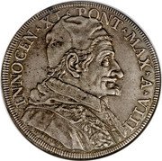 Italy Piastra Innocent XI 1684 VIII KM# 451.1 INNOCEN XI PONT MAX A VIII coin obverse Italy Piastra Innocent XI 1684 VIII KM# 451.1 INNOCEN XI PONT MAX A VIII coin obverse