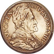 Italy Piastra Innocent XII 1694 1694-IIII KM# 576 INNOCEN XII PONT M A IIII P BORNER F coin obverse Italy Piastra Innocent XII 1694 1694-IIII KM# 576 INNOCEN XII PONT M A IIII P BORNER F coin obverse